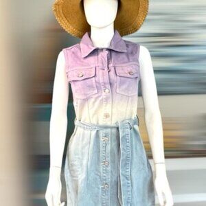 Button Down Sleeveless Denim Dress with Tye Dye